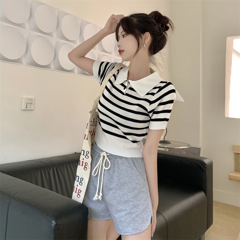 [hàng giá thấp]Áo croptop dệt kim tay ngắn cổ polo thời trang Hàn Quốc thanh lịch