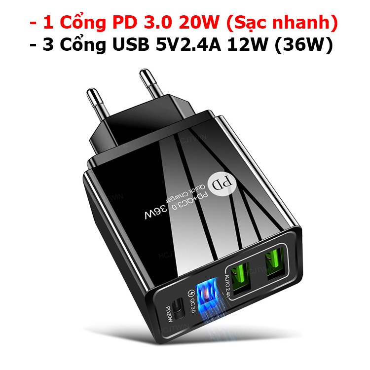 Củ sạc nhanh PD 20W iPhone Samsung  4 USB QC 3.0 PD 3.0 Type C