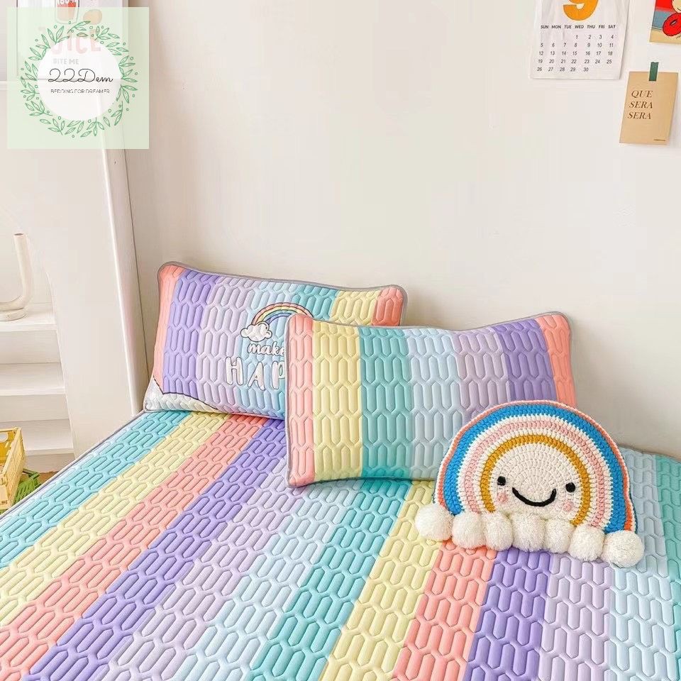 Chiếu Điều Hòa Cao Su Non Tencel Họa Tiết Cầu Vồng Đáng Yêu 5D, Hàng Cao Cấp 1m6, 1m8, 2m, 2m2