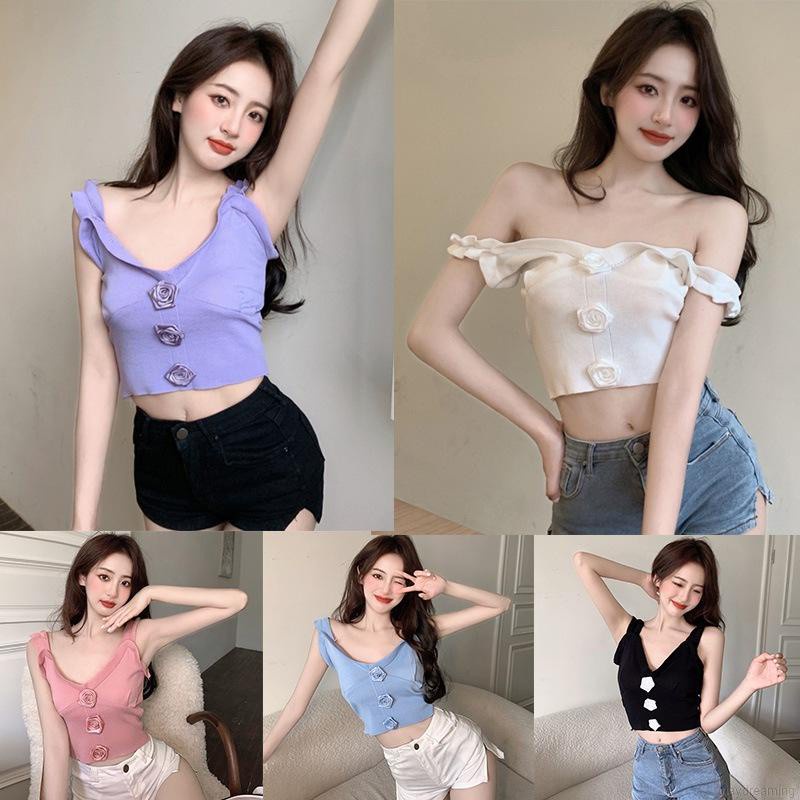 Áo Tank Top Dệt Kim Cổ Chữ V Màu Sắc Đơn Giản Cho Nữ