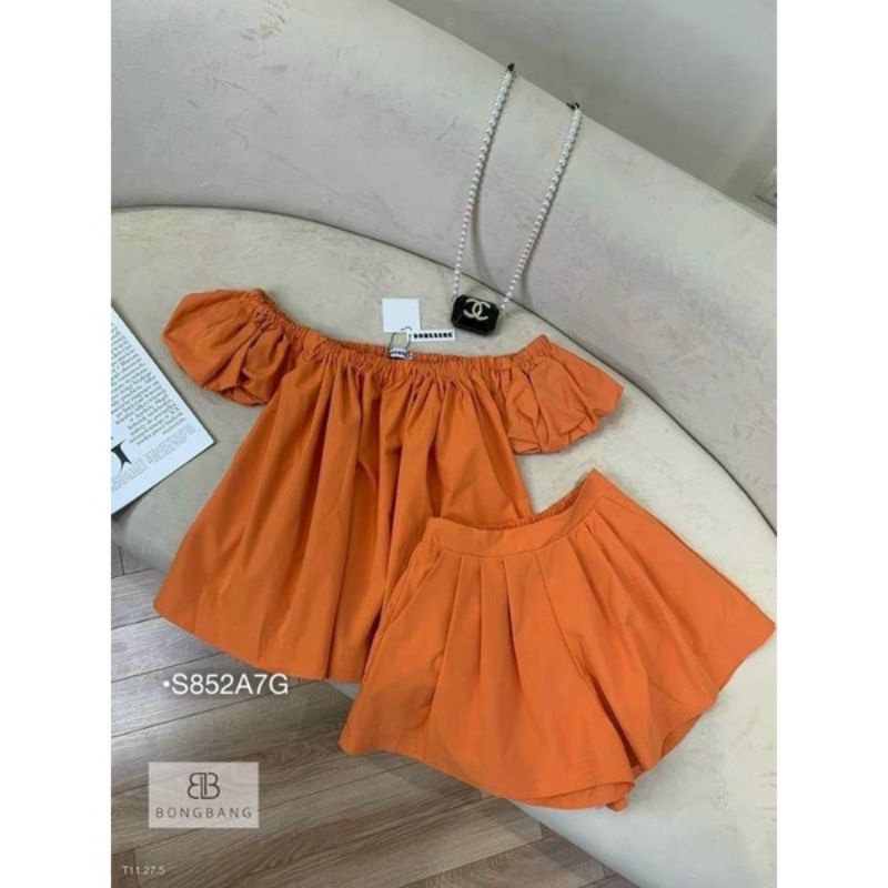 Set Bộ Đùi Nữ Mặc Nhà Đi Biển ,Set Áo Bẹt Vai Tay Phồng Dáng Rộng Quần Short Xếp Ly Cạp Chun Vải Thô Mát