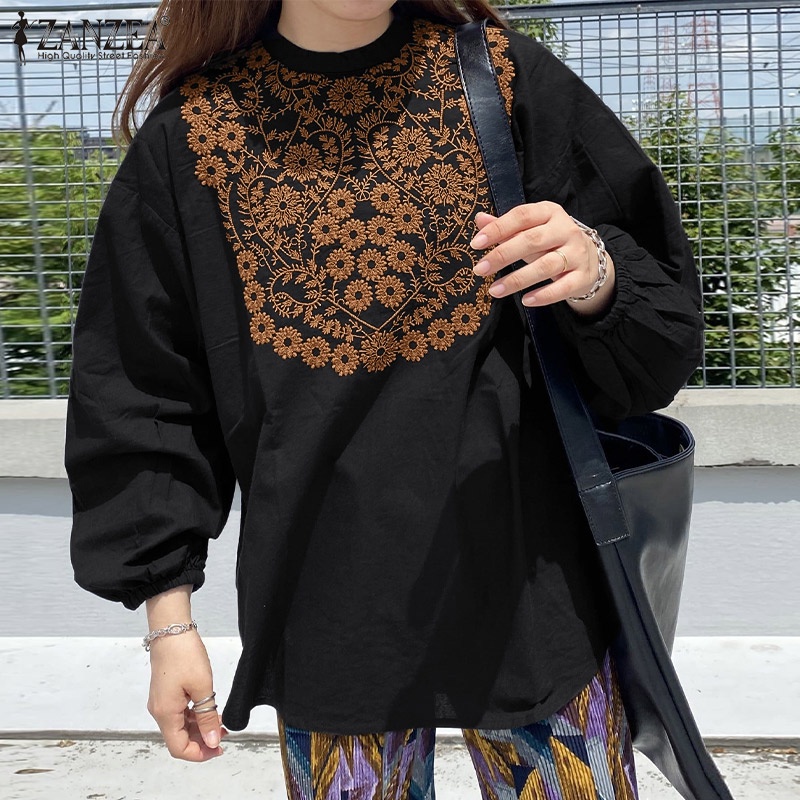 Áo kiểu ZANZEA vải cotton tay dài họa tiết thêu hoa giản đơn kiểu cổ điển cho nữ