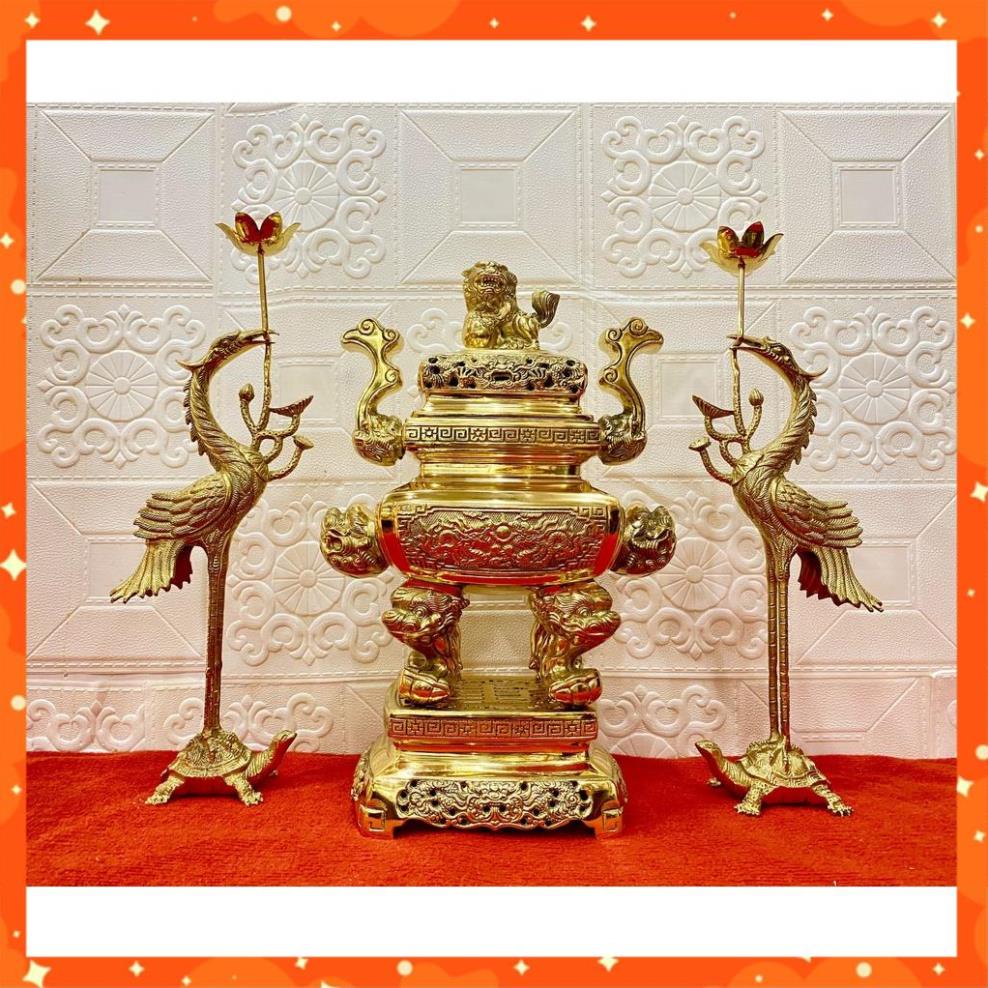 Bộ đỉnh Thờ Lư Thờ Đồng Vuông  cao 35cm - Đỉnh Thờ Đồng Nguyên Chất