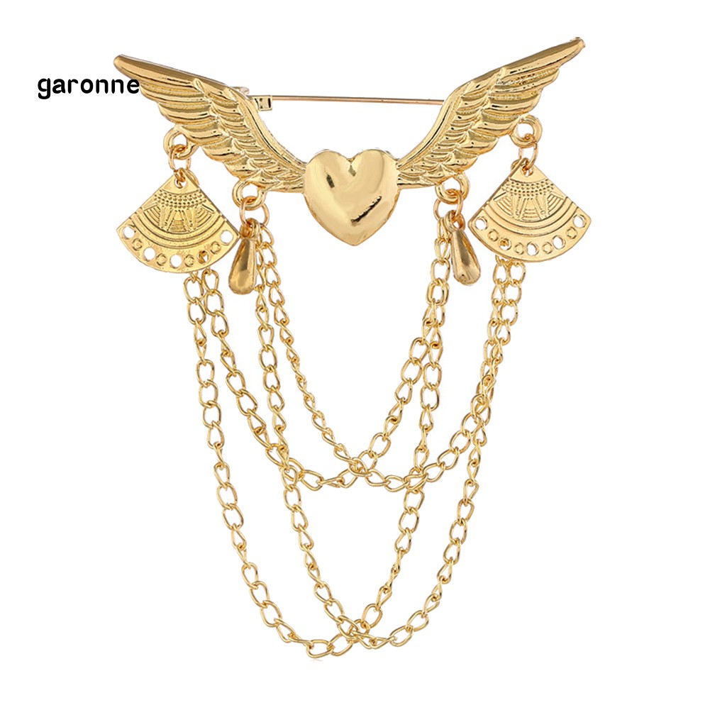 GA_Retro Angel Wing Heart Shirt Suit Collar Tip Lapel Brooch Pin with Chain Tassel