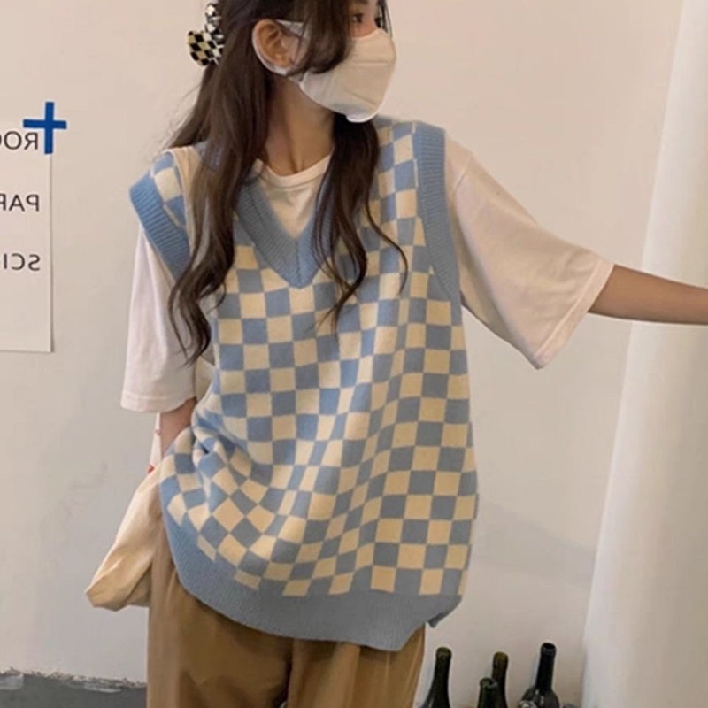Áo ghi lê kẻ caro dệt kim thời trang retro phong cách Nhật Bản