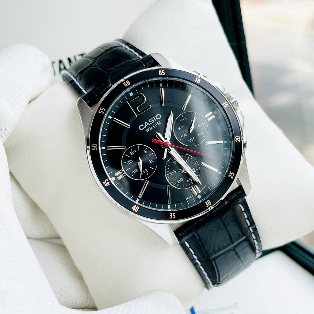 Đồng Hồ Nam Casio MTP-1374L-1A Dây Da Đen Mặt Đen, Kính Khoáng, Size 42mm Chống Nước 50 mét, Bảo Hành Một Năm