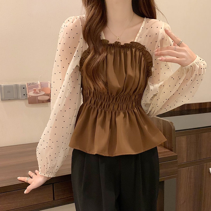 Áo Kiểu Dài Tay Cổ Vuông Họa Tiết Chấm Bi Thiết Kế Mới Thời Trang Mùa Thu Dành Cho Nữ