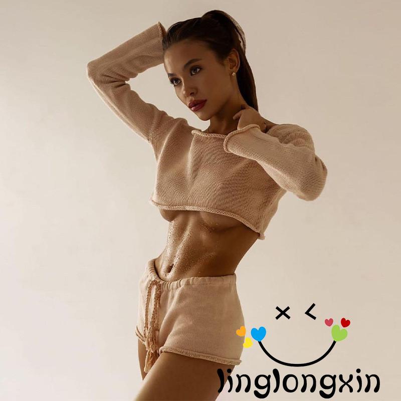 Set Đồ 2 Món Gồm Áo Dệt Kim Màu Trơn / Áo Trễ Vai + Quần Ngắn Lưng Thun Cho Nữ