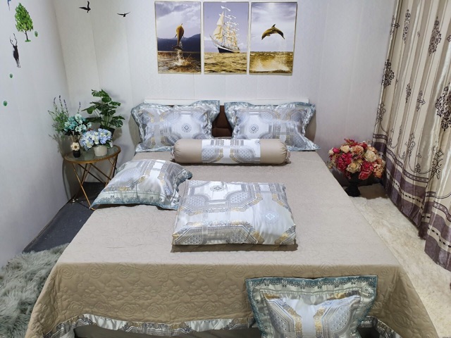 Bộ chăn ga gối Gấm nhập 7 món hàng đẹp ( ảnh chụp thật)