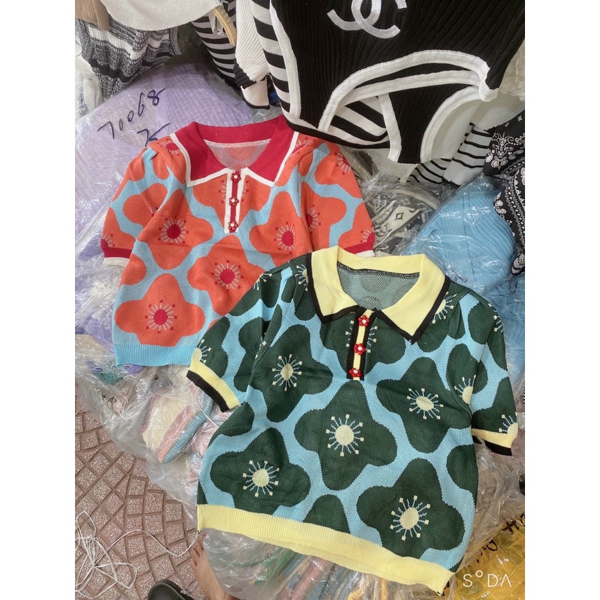 Áo len hoa cổ bẻ khuy hoa hot trend