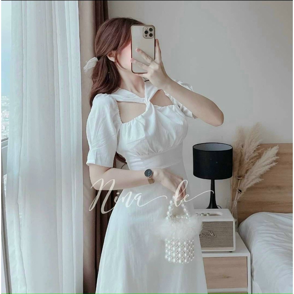 Đầm váy nữ cổ giả yếm tay ngắn ôm điệu đà nữ tính ( chất liệu lụa nhung ) mẫu phù hợp mọi phong cách