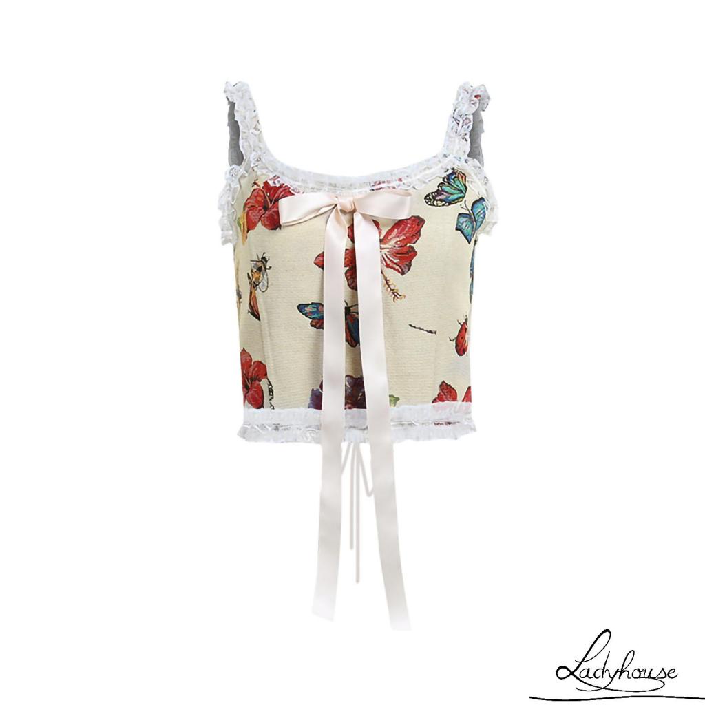 Ld-áo Crop Top Không Tay Cổ Chữ U In Họa Tiết Bướm Phối Ren Kiểm S/M/L Cho Nữ