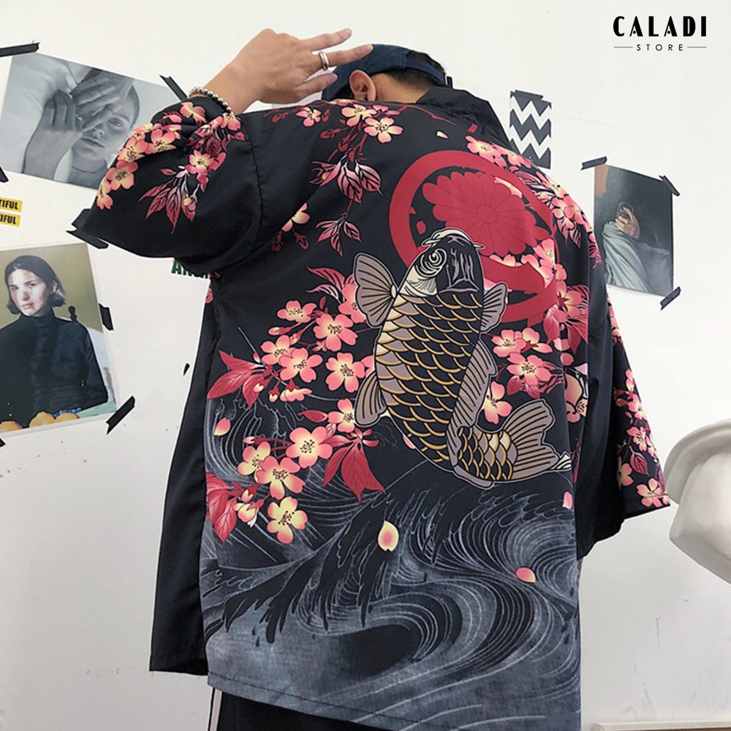 Áo khoác cardigan Kimono Haori đi biển hoạ tiết cá chép Koi đỏ | WebRaoVat - webraovat.net.vn