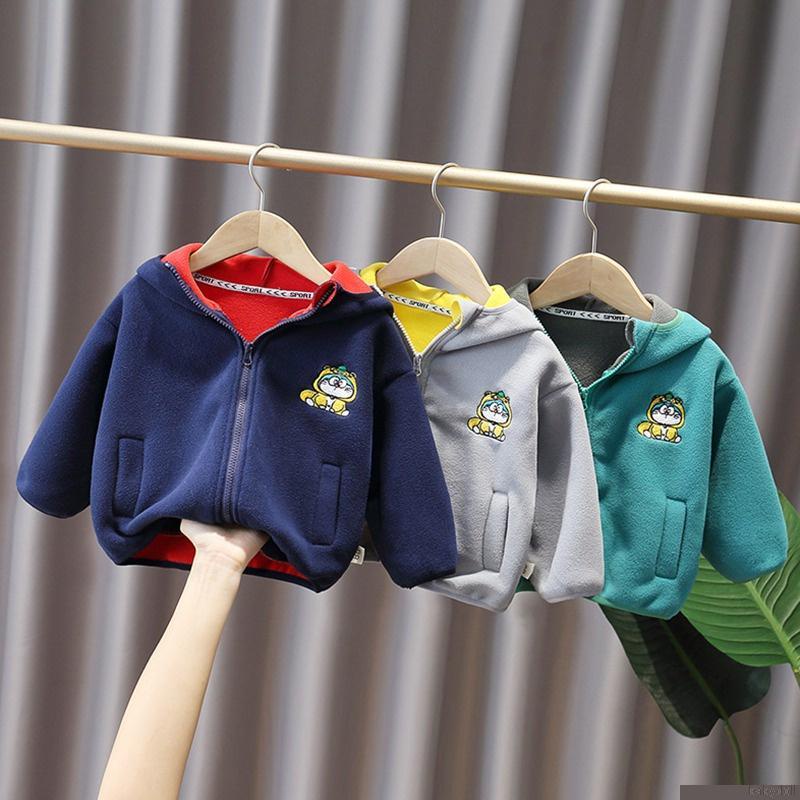 Áo khoác cotton lông cừu tay dài dáng rộng phối khóa kéo in hoạt hình kiểu Hàn Quốc cho bé trai