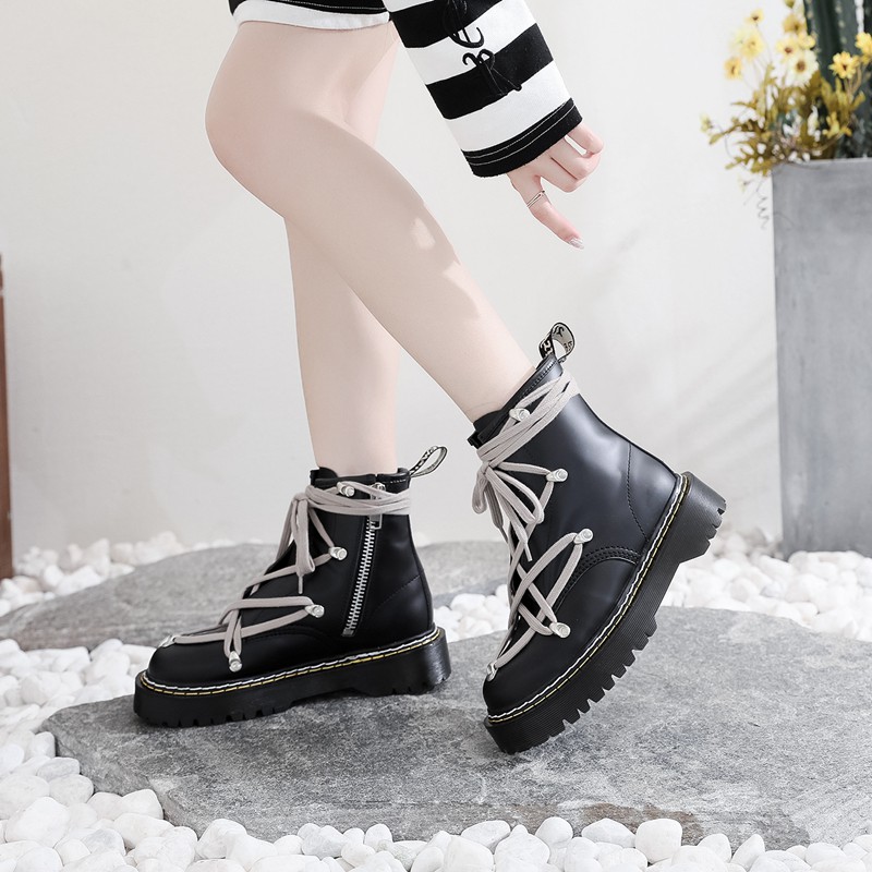 Giày bốt martin bằng da thật đế bằng thời trang đi mô tô cho nam và nữ