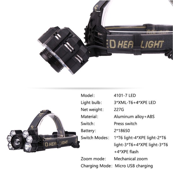 Đèn LED đội đầu 7 bóng cổng sạc USB