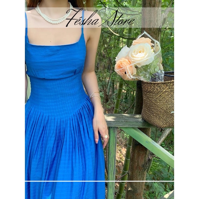 Váy maxi nữ xanh coban xếp li dáng dài_hàng TQXK chất lượng cao_đầm xanh tiktok VA02