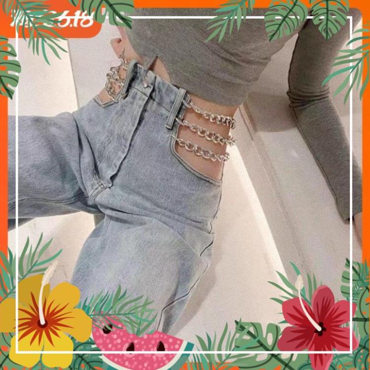 Sale Tết- (ORDER) Quần jeans ống rộng cạp cao xích ngang khoe eo gợi cảm az1 * ) ,