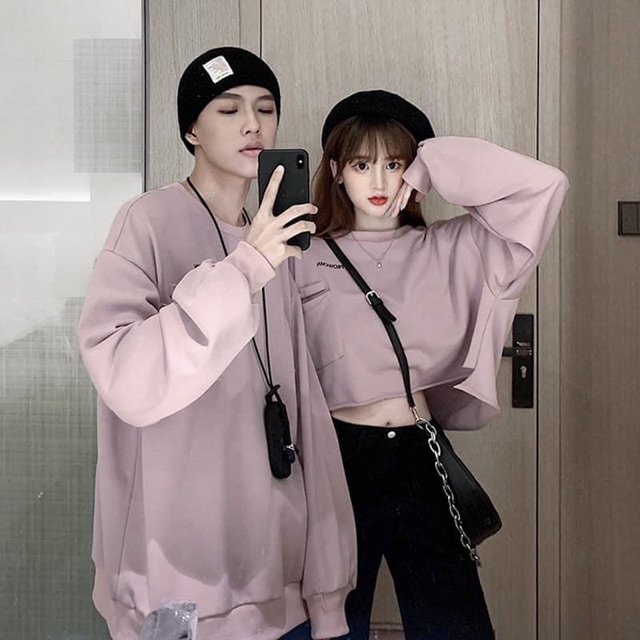 Áo Đôi Đẹp  [Tiệm Vải Xinh] Set Áo Đôi Croptop Nữ &amp; Áo Sweater Nam - Hàng Quảng Châu