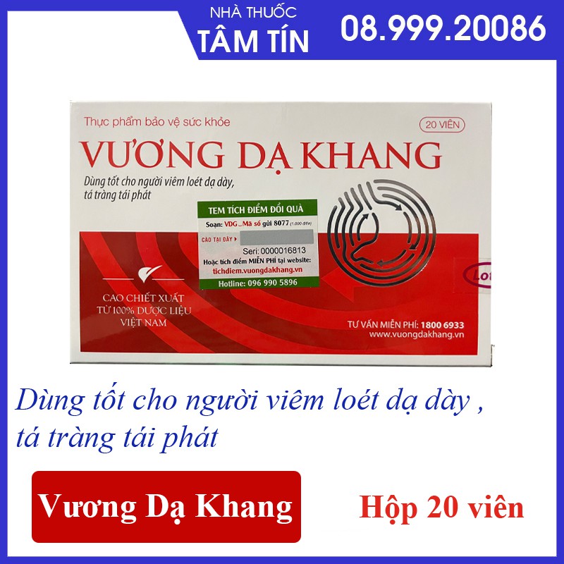 [CHÍNH HÃNG TÍCH ĐIỂM NHẬN QUẢ] Vương Dạ Khang - Dùng tốt cho người viêm loét dạ dày, tá tràng tái phát - Hộp 20 viên