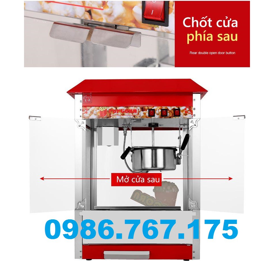 Máy nổ bắp rang bơ, máy làm bắp rang bơ bằng điện có tủ kính