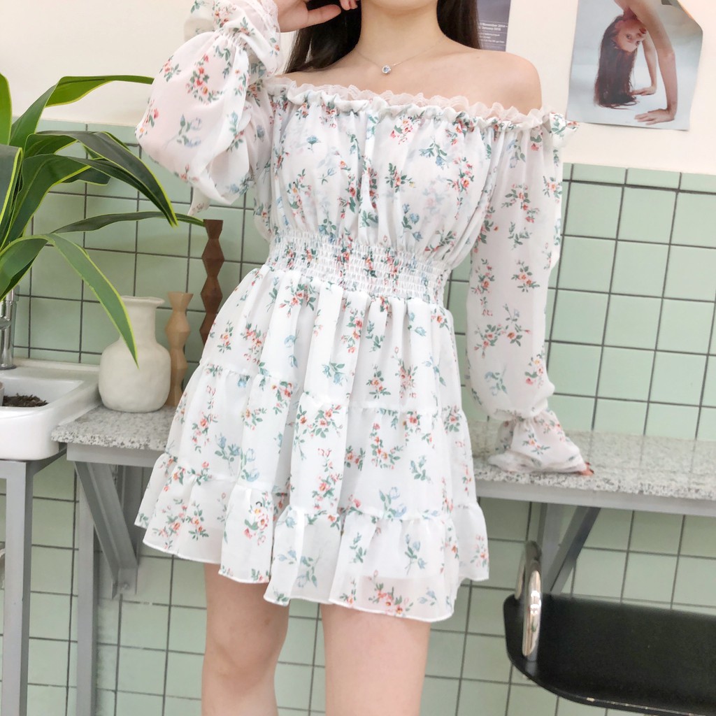 Váy hoa trễ vai chiffon Ulzzang, đầm trễ vai dáng xòe - Cỏ Clothes | BigBuy360 - bigbuy360.vn