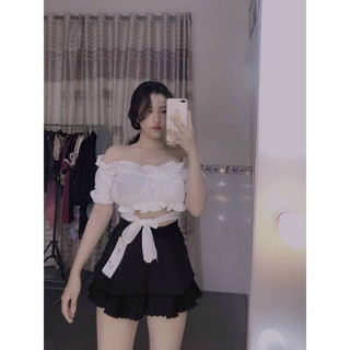 Áo voan nhún bèo cột nơ chéo eo trễ vai hai màu trắng đen mc