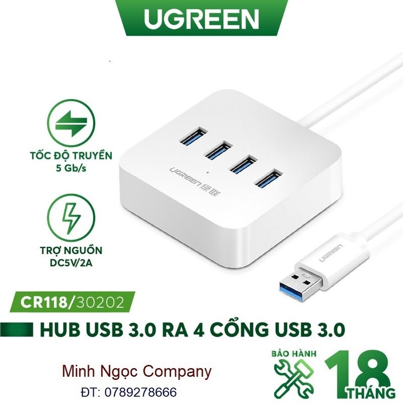 HUB bộ chia USB 3.0 ra 4 cổng từ Type-C và USB hỗ trợ nguồn DC 5V/2A độ dài 0.5-1m UGREEN CR118 - Hàng Chính Hãng