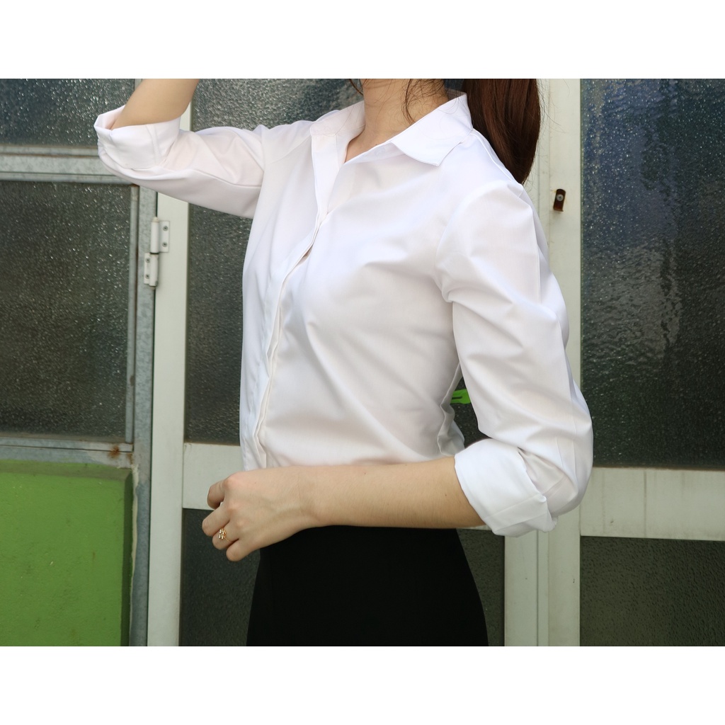 Áo Sơ Mi Trắng Nữ, Không Nhăn, Giấu Nút, Tay Dài Có Bigsize, Sơ Mi Trắng, Công Sở Chất Vải Kate Mỹ Form Suông
