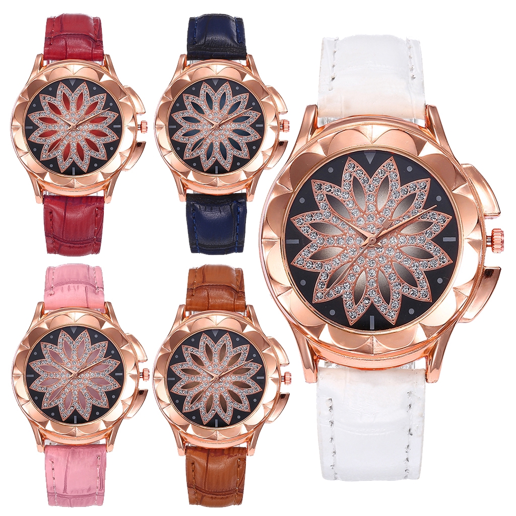 Đồng hồ đeo tay máy Quartz dây da mặt họa tiết hoa đính đá sang trọng cho nữ | BigBuy360 - bigbuy360.vn