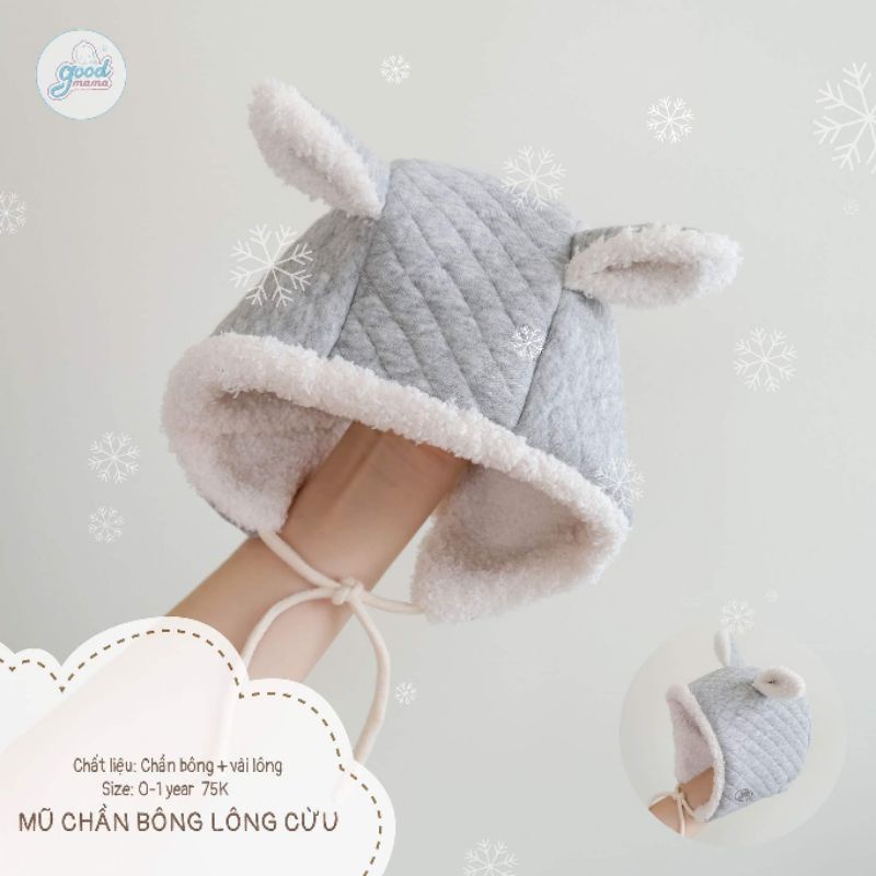 Goodmama - Mũ tai thỏ trần bông, chần bông, có lót lông cho bé 0-1y