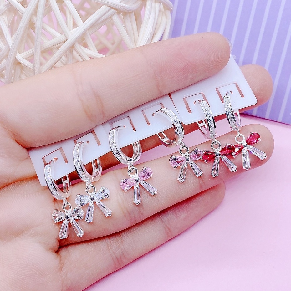 Bông tai bạc bông Nơ nạm đá trắng mẫu viền đá chìm