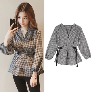 Áo sơ mi nữ tay dài cổ chữ v dáng ôm kẻ sọc caro kiểu hàn quốc thời trang