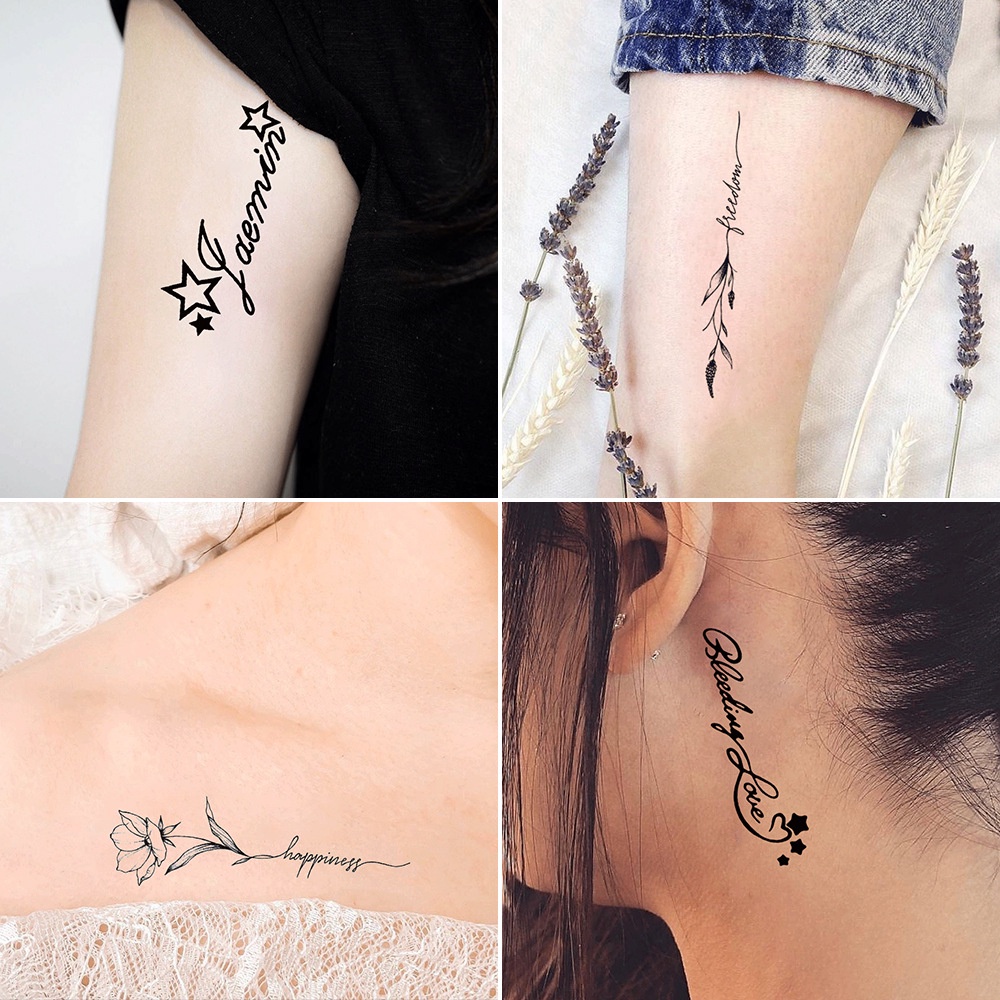 Set 30 Miếng Dán Hình Xăm Tạm Thời Chống Nước Hình Chữ Tiếng Anh Màu Đen Tối