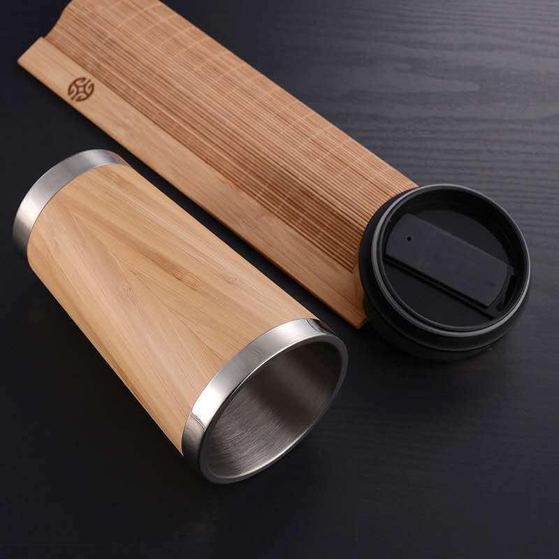 Cốc - Ly Uống Nước Vỏ Tre Cao Cấp - Lõi Inox 304 Giữ Nhiệt - 450ml (Tặng Ống Hút Inox Gập 0.6 x 21cm)