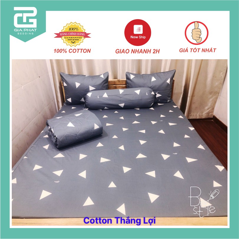 Bộ ga gối Thắng lợi cotton 100% hàng chuẩn có in logo mẫu tam giác xám