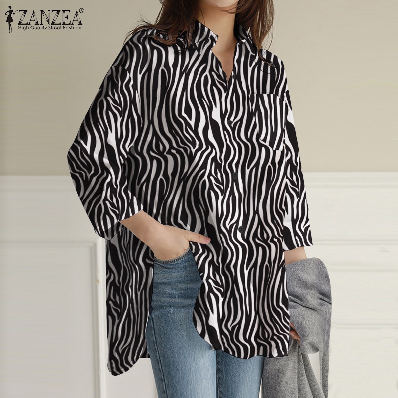 Áo ZANZEA tay dài cổ lật xuống dáng rộng in họa tiết cho nữ