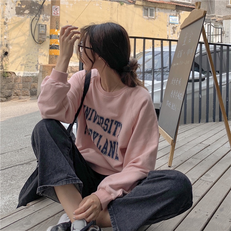 Áo sweater tay dàI cổ tròn in chữ thiết kế mớI phong cách hàn quốc