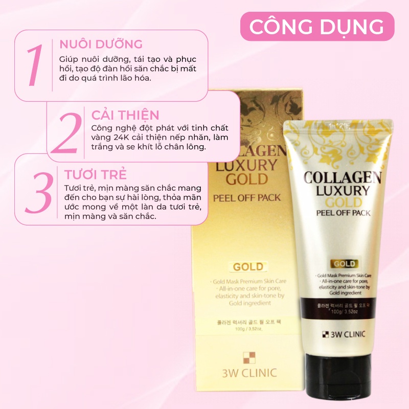 Mặt Nạ Lột Tinh Chất Vàng 24K 3W CLinic Collagen & Luxury Gold Peel Off Pack 100g Giúp Se Khít Lỗ Chân Lông Giảm Mụn Cám