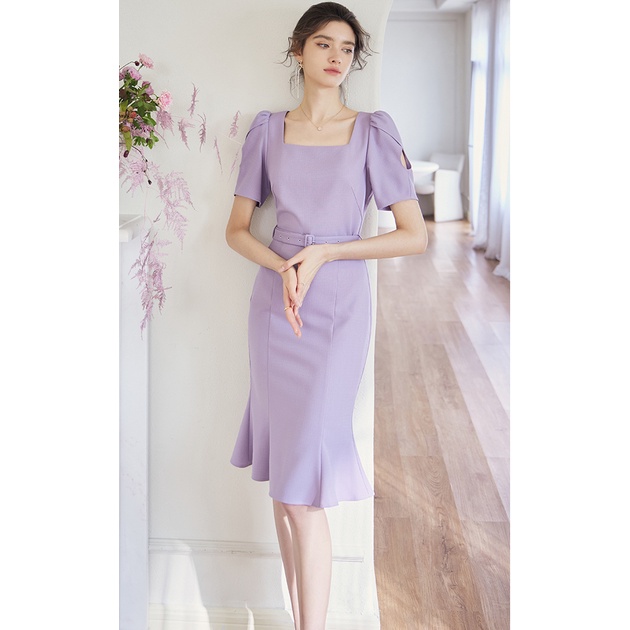 Đầm cổ vuông tay ngắn màu tím khoai môn thanh lịch