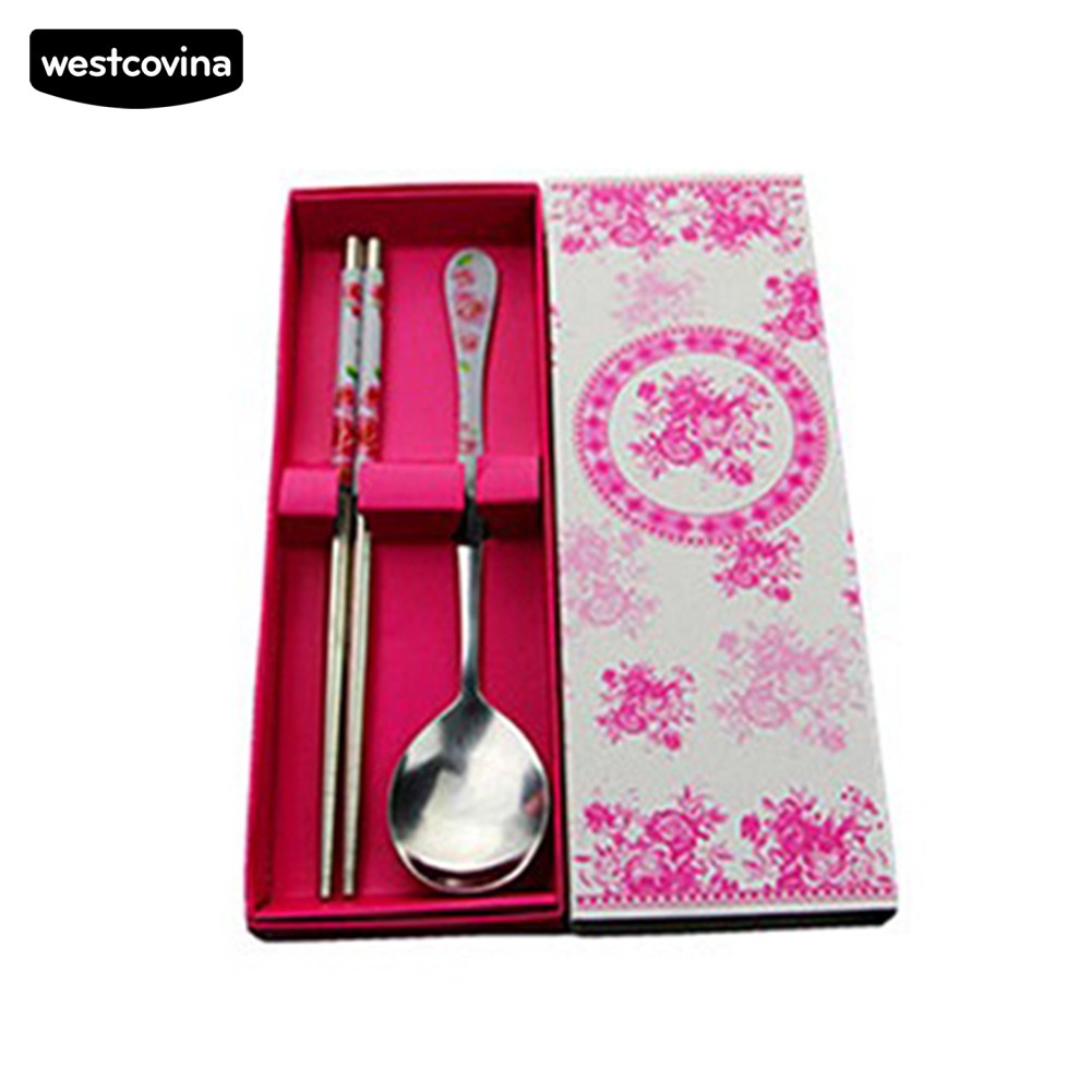 Set 2 muỗng đũa thép không gỉ cán sứ độc đáo