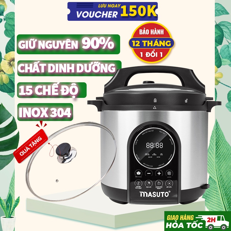 Nồi áp suất điện đa năng Masuto 6L chế độ ninh hầm chậm giữ nguyên 90% chất dinh dưỡng tặng kèm nắp kính cường lực