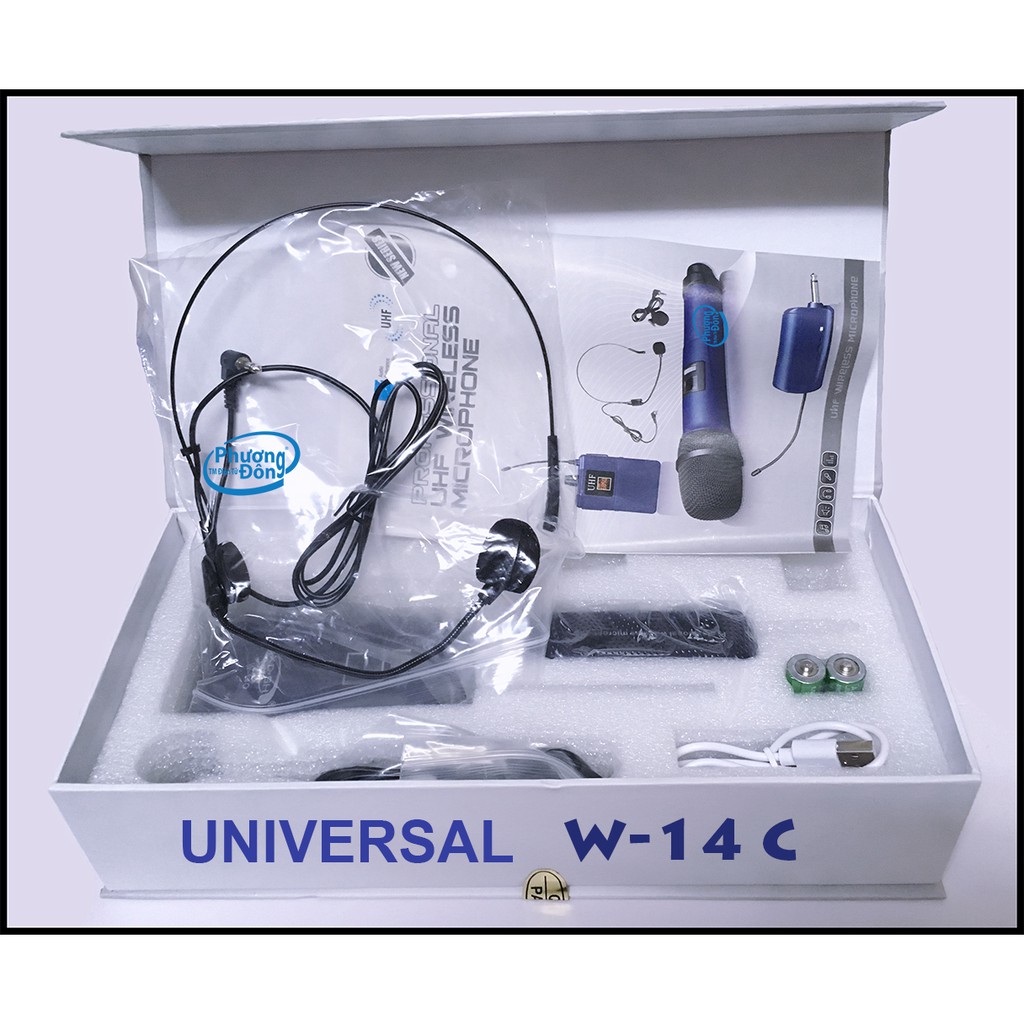 Bộ Micro không dây Đeo tai-Cài áo UNIVERSAL W-14C UHF dành cho Giáo Viên - MC Tặng 1 Jack chuyển 6.5mm ra 3.5mm