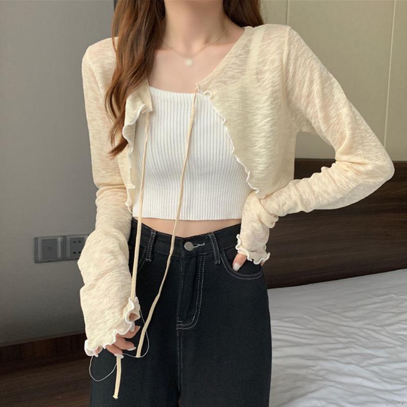 Áo Dệt Kim Mỏng Tay Dài Cột Dây Phong Cách Hàn Quốc Thời Trang Cho Nữ