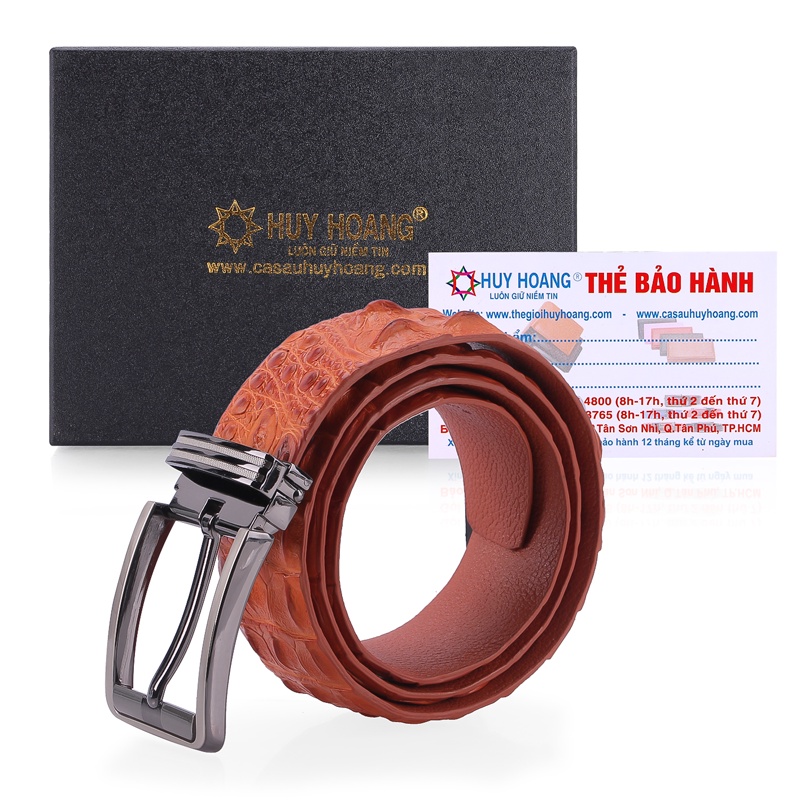 Thắt lưng nam Huy Hoàng da cá sấu nguyên con bát gài 4P đầu kim màu vàng bò HP4771