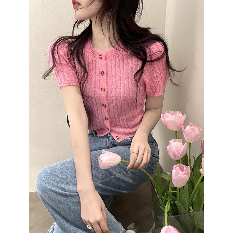 Porozi  Áo crop top  vải dệt kim mỏng tay ngắn dáng ôm phong cách Hàn Quốc dành cho nữ