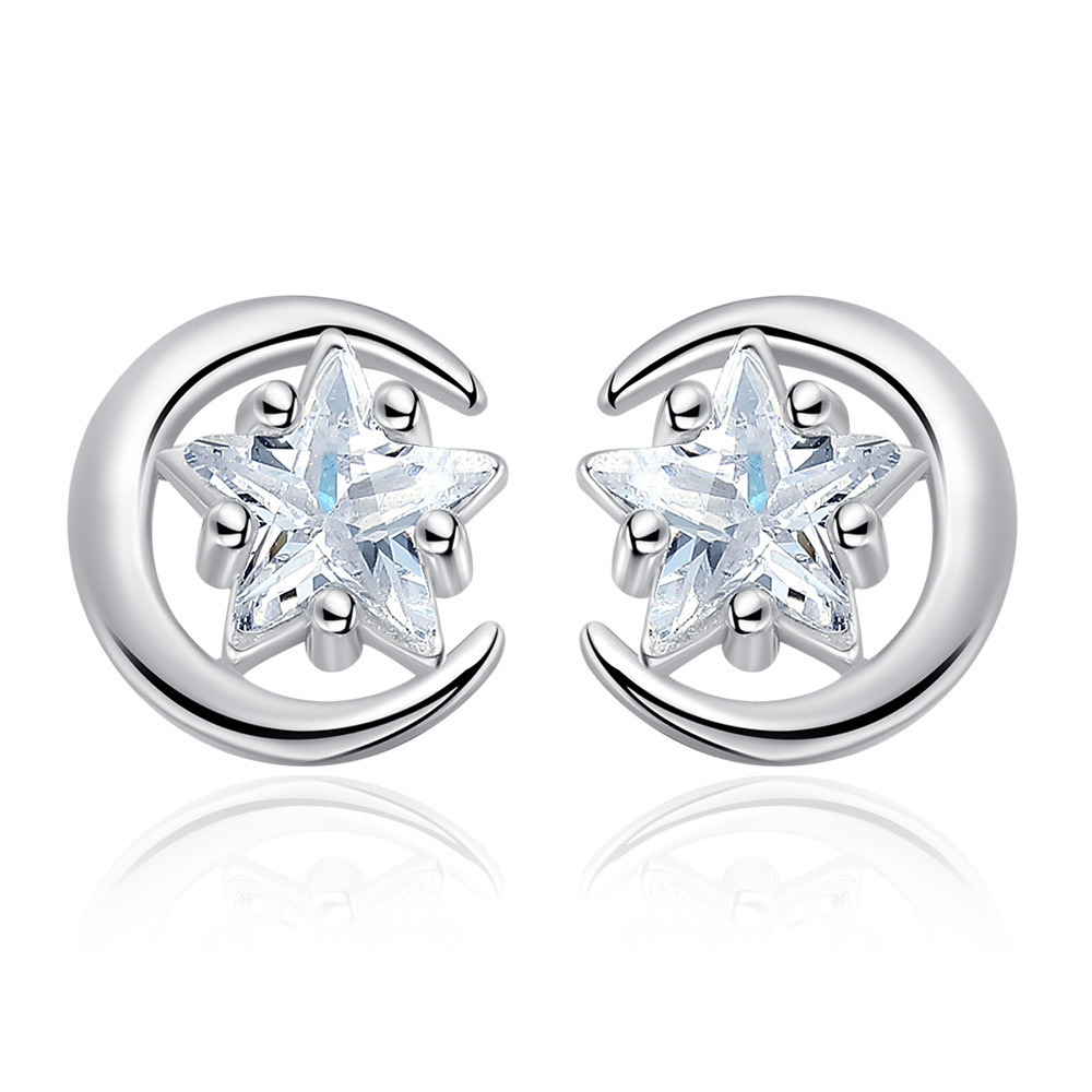 Khuyên Tai Hình Mặt Trăng Ngôi Sao Năm Cánh Mạ Bạc 925 Phong Cách Nhật Hàn Dễ Thương Sáng Tạo Dành Cho Bạn Gái 1