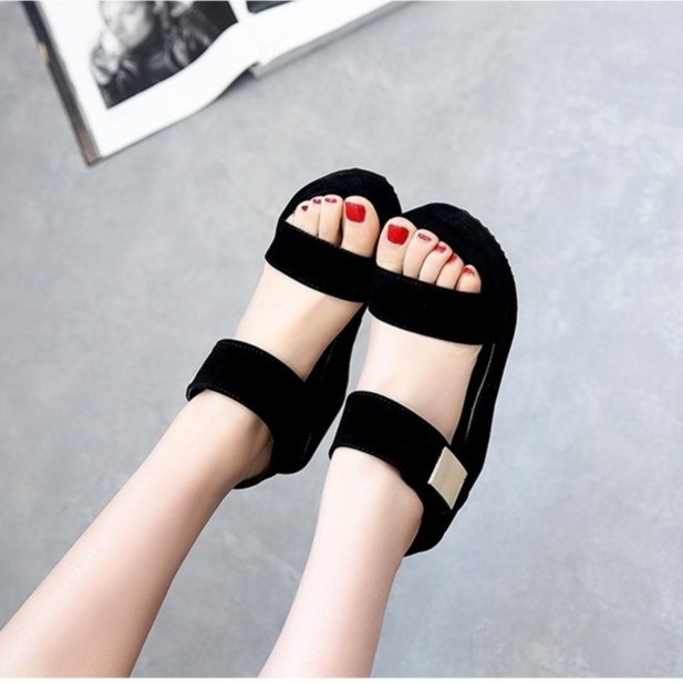 Giày Sandal Nữ Quai Ngang Tăng 7cm Chiều Cao Phong Cách Hàn Quốc