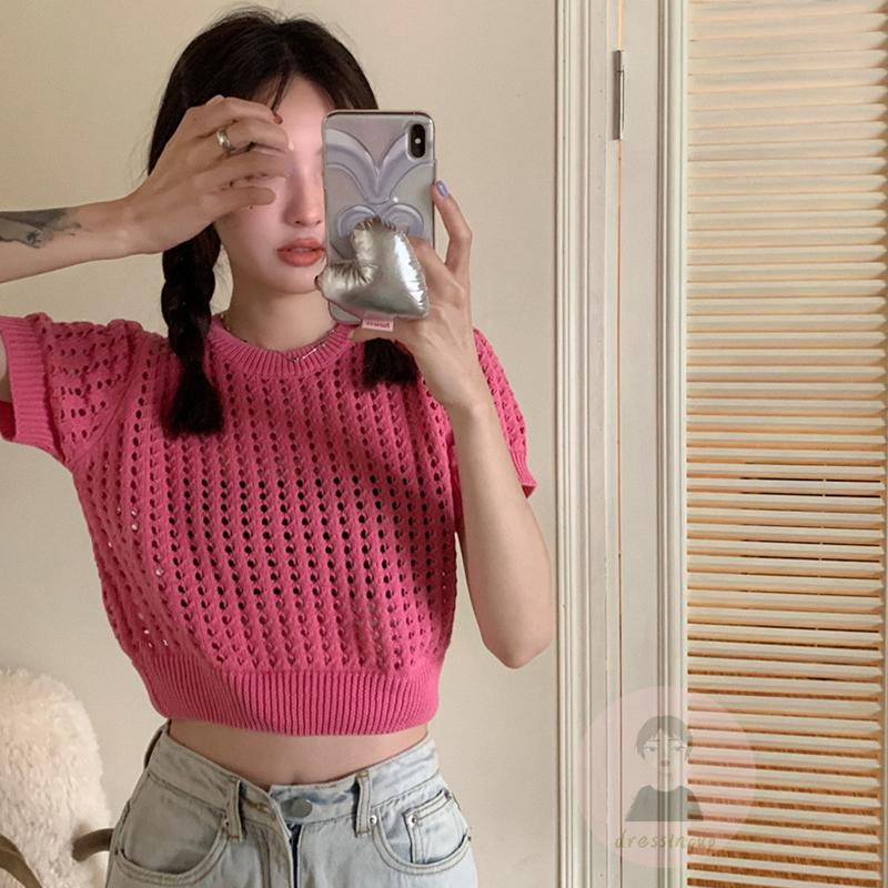 Áo Thun Dệt Kim Tay Ngắn Cổ Tròn Màu Trơn Thời Trang Dành Cho Nữ