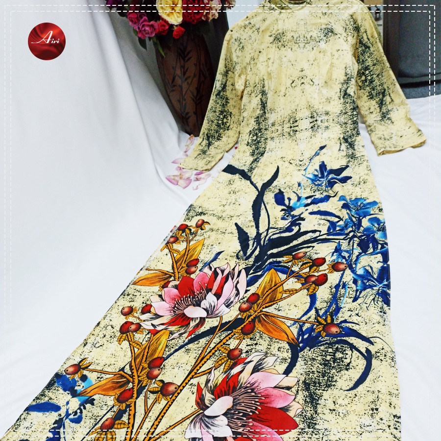 Áo dài nữ cổ tròn hoa tiết 3d chìm lụa nhật cao cấp - Áo dài Airi